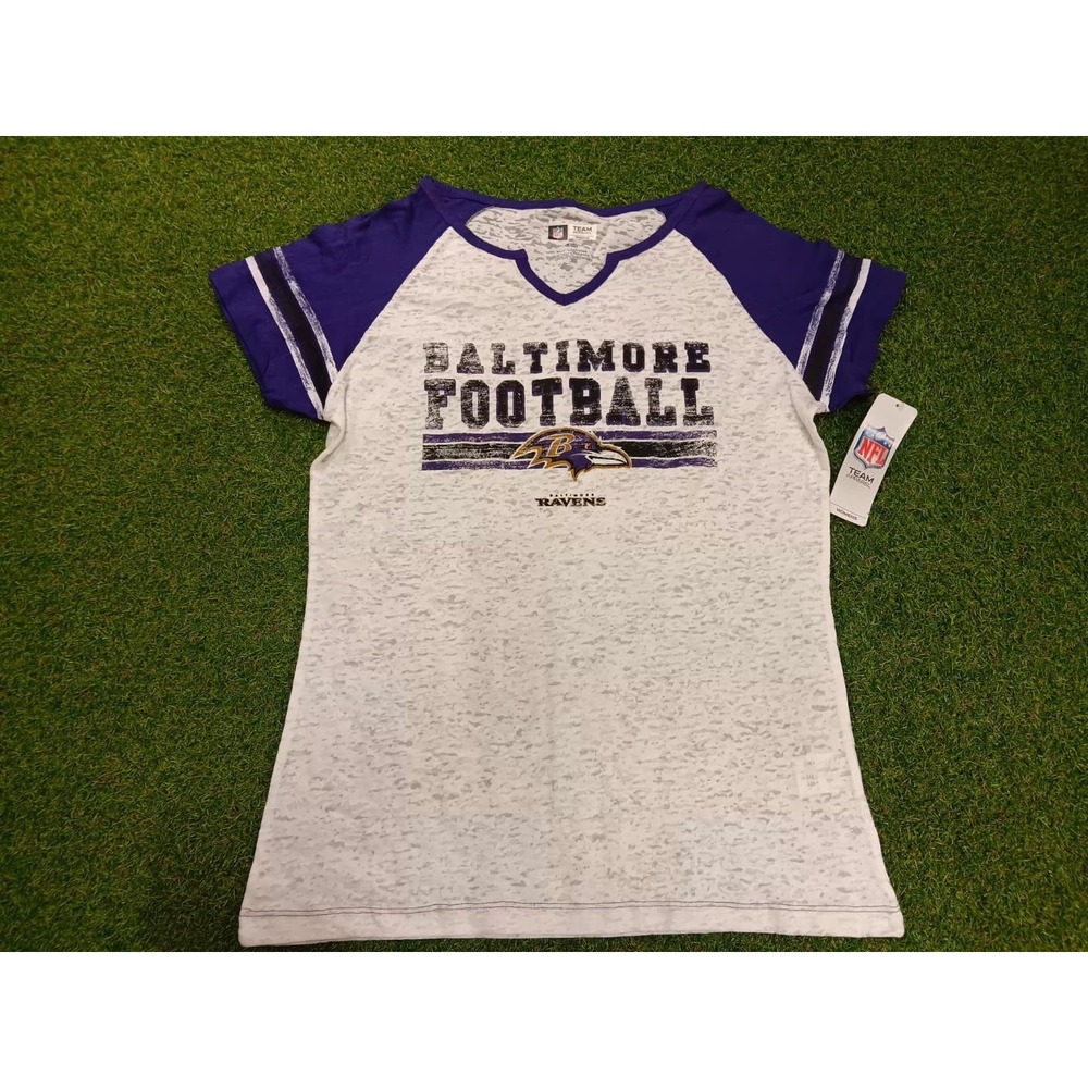 Team Apparel Baltimore‎ Ravens T Shirt Womens Large Heather White Raglan Sleeve